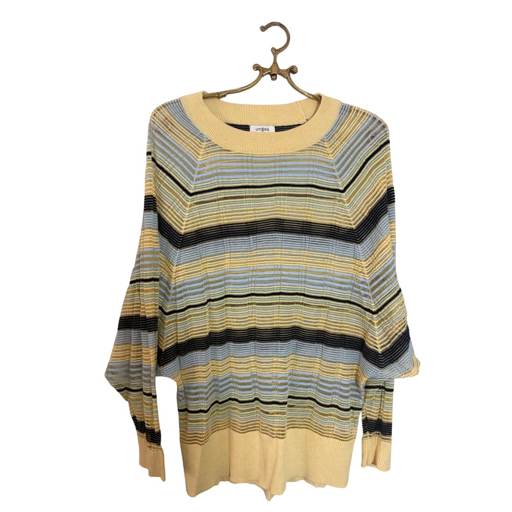 Umgee USA Womens Small Yellow Blue Striped Dolman Sleeve Textured Sweater C1491